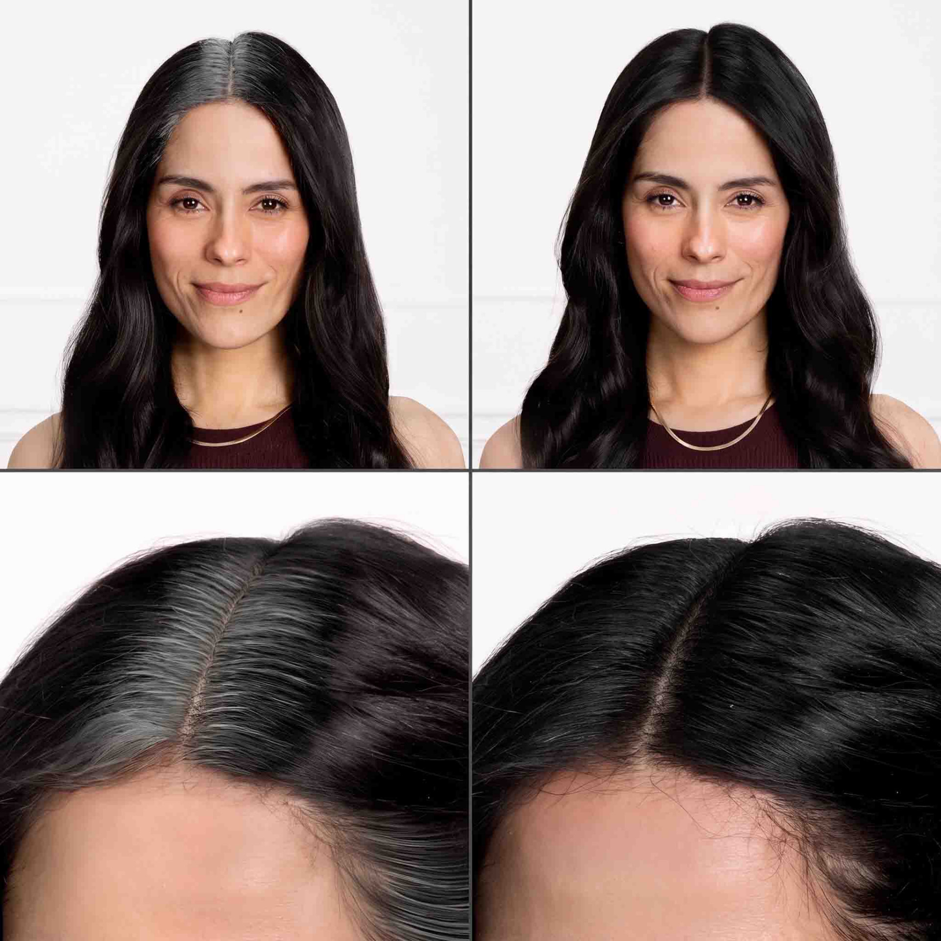 Antes e depois do Camuflage Touch Aliss na raiz do cabelo